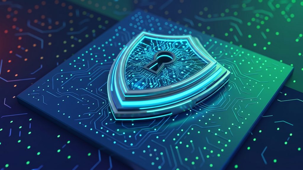 Escudo de seguridad digital y cerraduras inteligentes para proteger un negocio de robos.